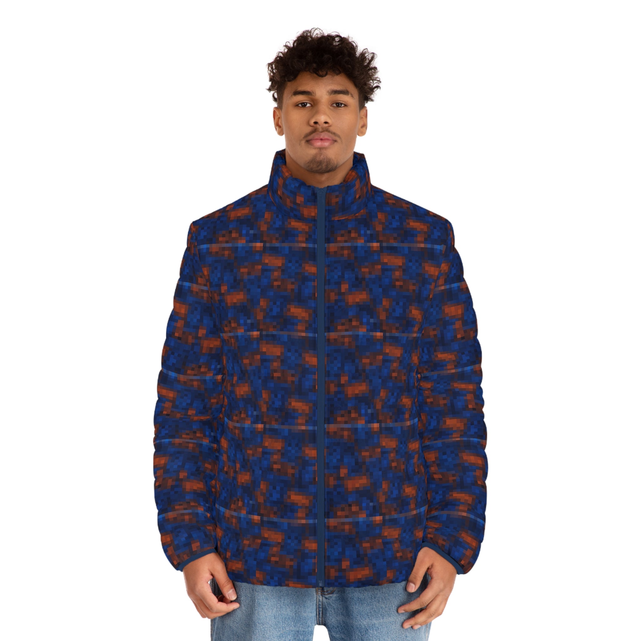 Men's Abstract Blue & Orange Puffer Jacket - All-Over Print Winter Coat