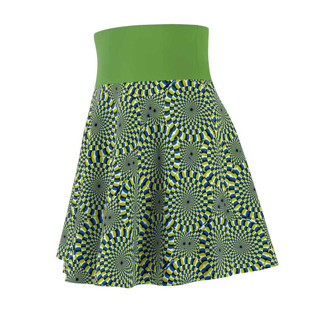 Optical Illusion Skater Skirt — Green Psychedelic Spiral Print