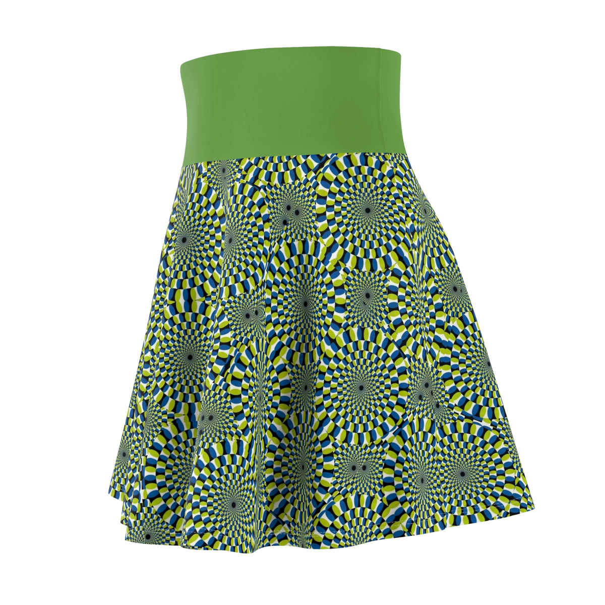 Optical Illusion Skater Skirt — Green Psychedelic Spiral Print