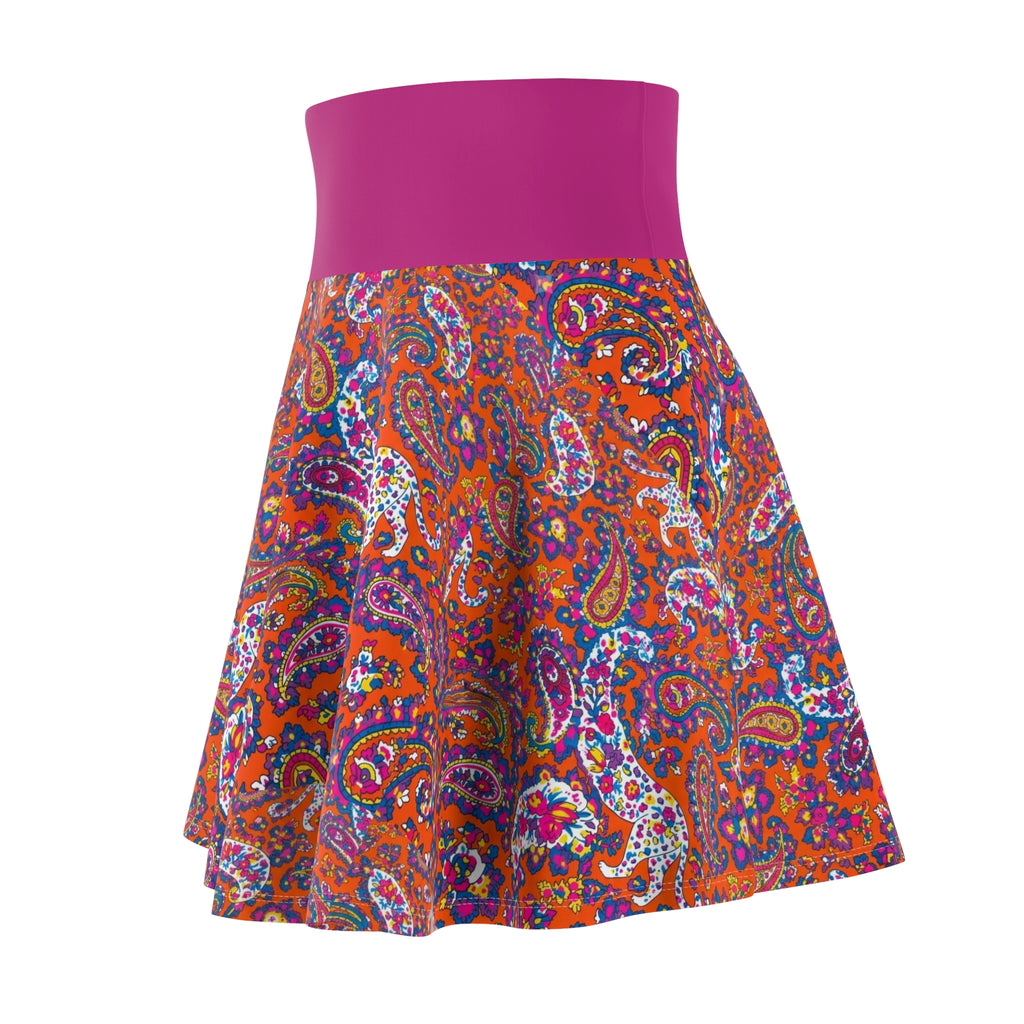 Paisley Floral Skater Skirt — Vibrant Boho Print with Magenta Waistband