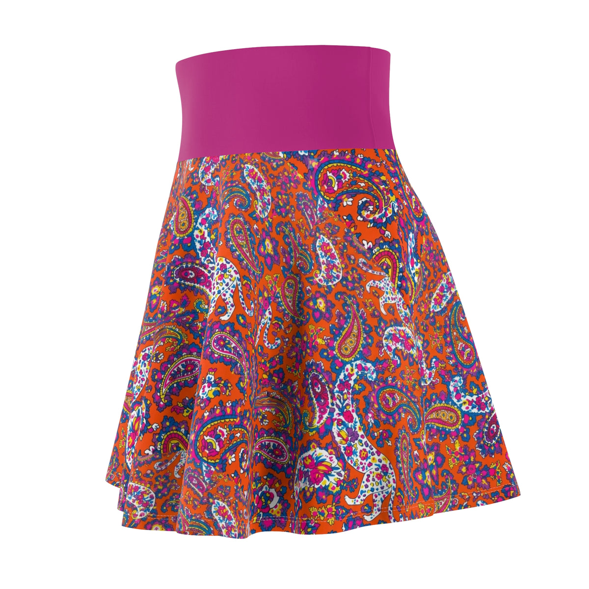 Paisley Floral Skater Skirt — Vibrant Boho Print with Magenta Waistband