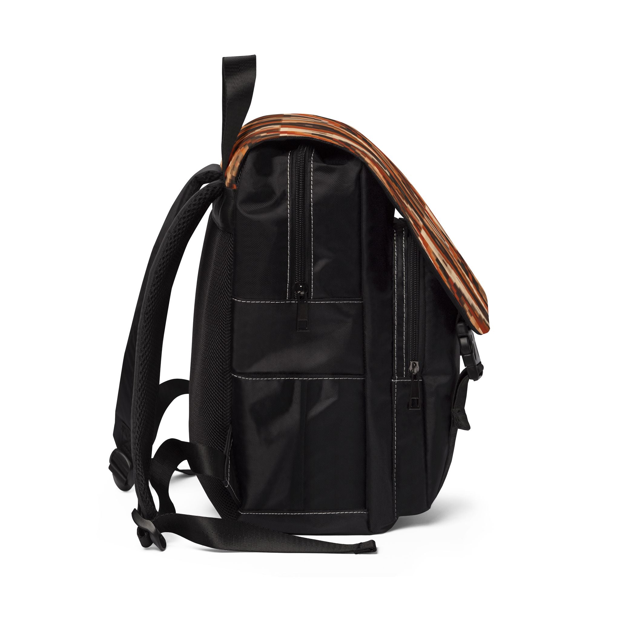 Retro Mosaic Pattern Backpack — Brown Orange Pixelated Flap Shoulder Bag