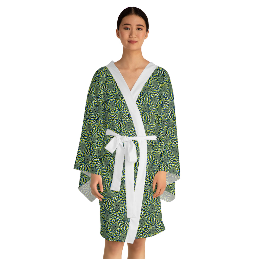Green Geometric Kimono Robe – All-Over Spiral Pattern Long Sleeve