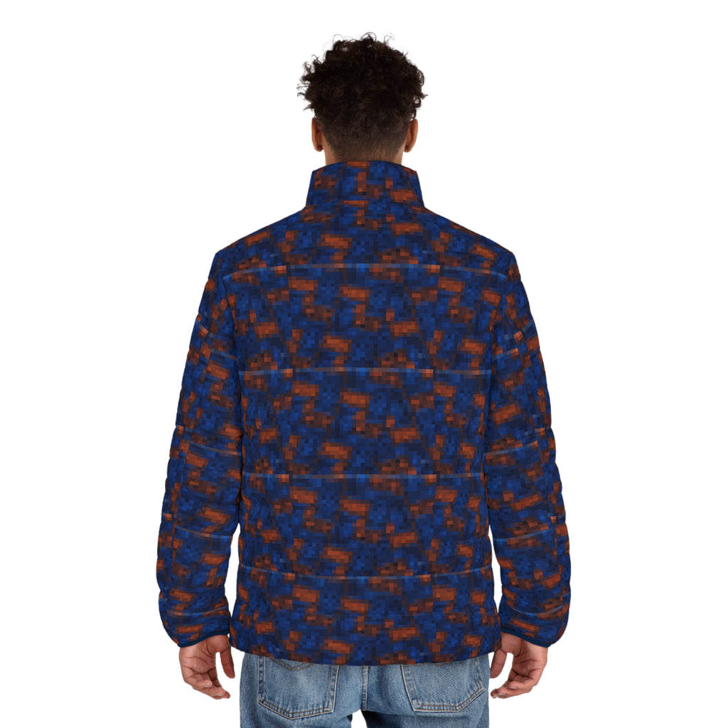 Men's Abstract Blue & Orange Puffer Jacket - All-Over Print Winter Coat