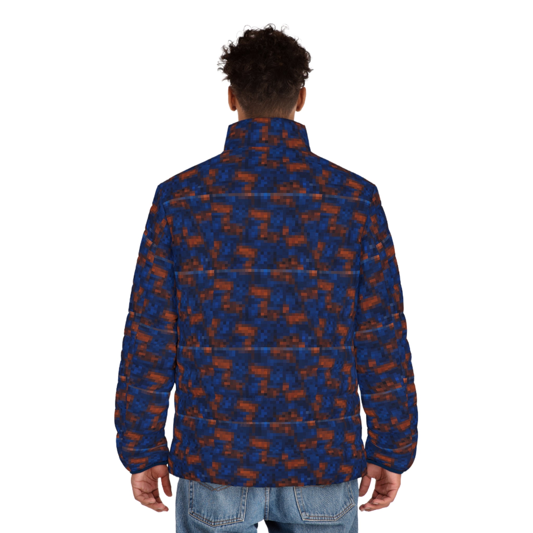 Men's Abstract Blue & Orange Puffer Jacket - All-Over Print Winter Coat