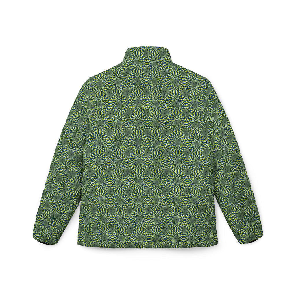 Women’s Puffer Jacket — Olive Green Spiral Floral All-Over Print