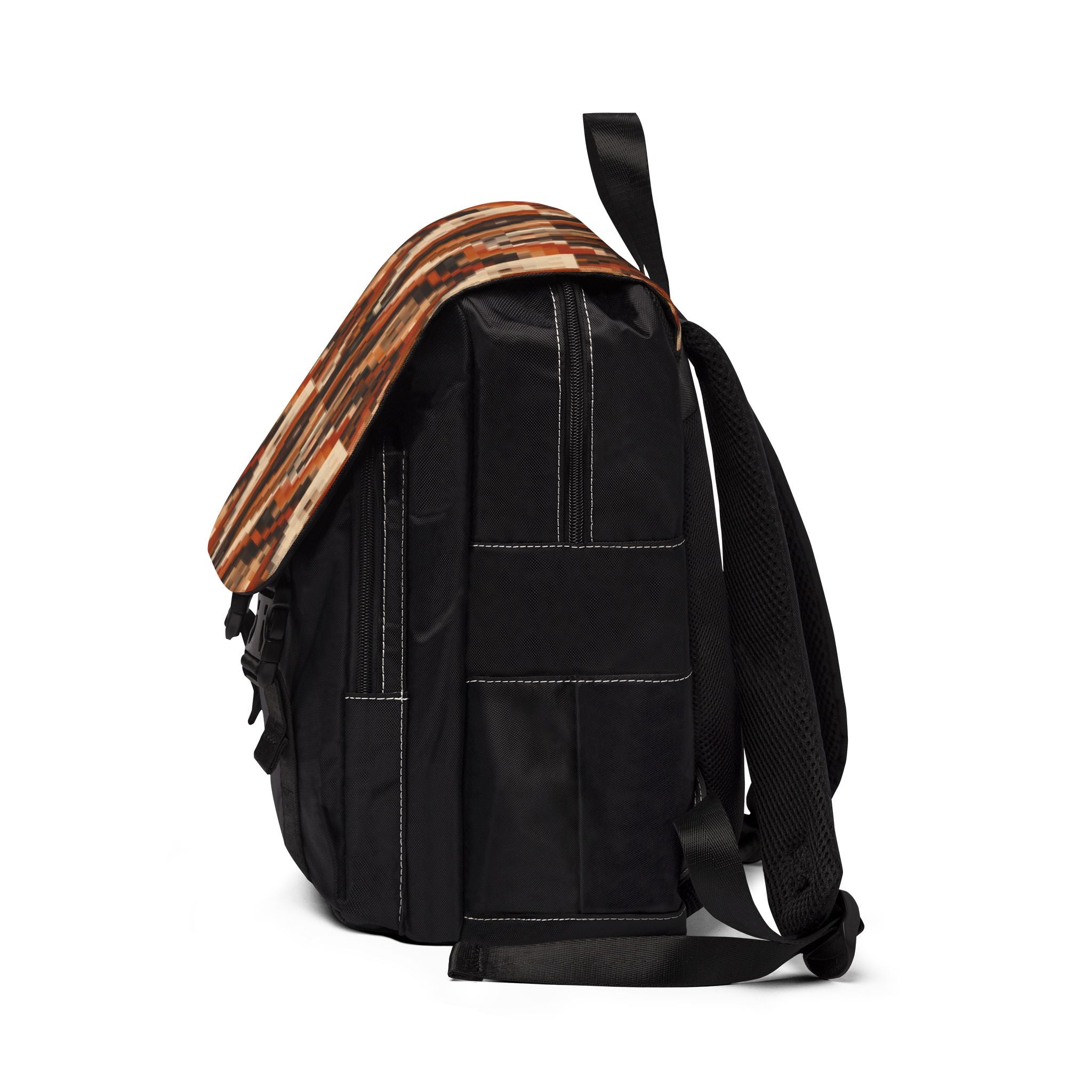 Retro Mosaic Pattern Backpack — Brown Orange Pixelated Flap Shoulder Bag
