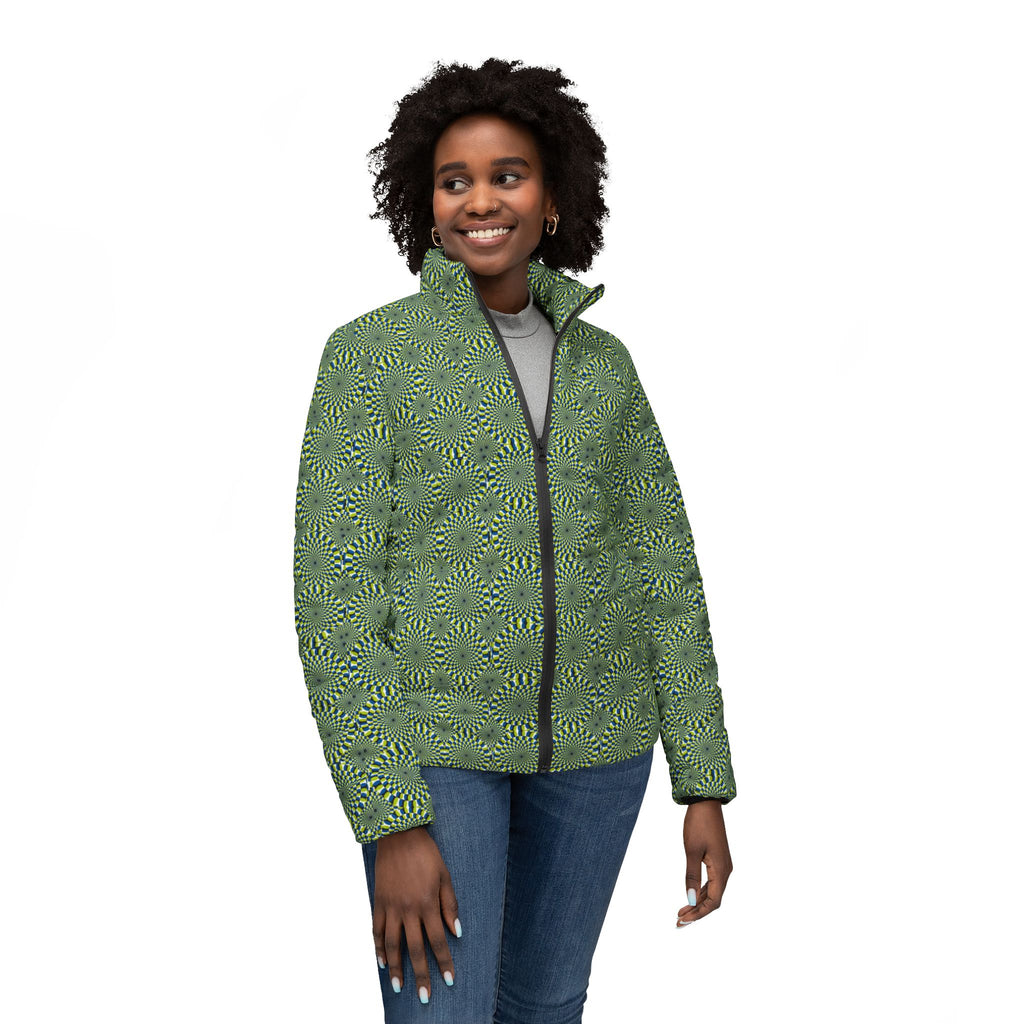 Women’s Puffer Jacket — Olive Green Spiral Floral All-Over Print