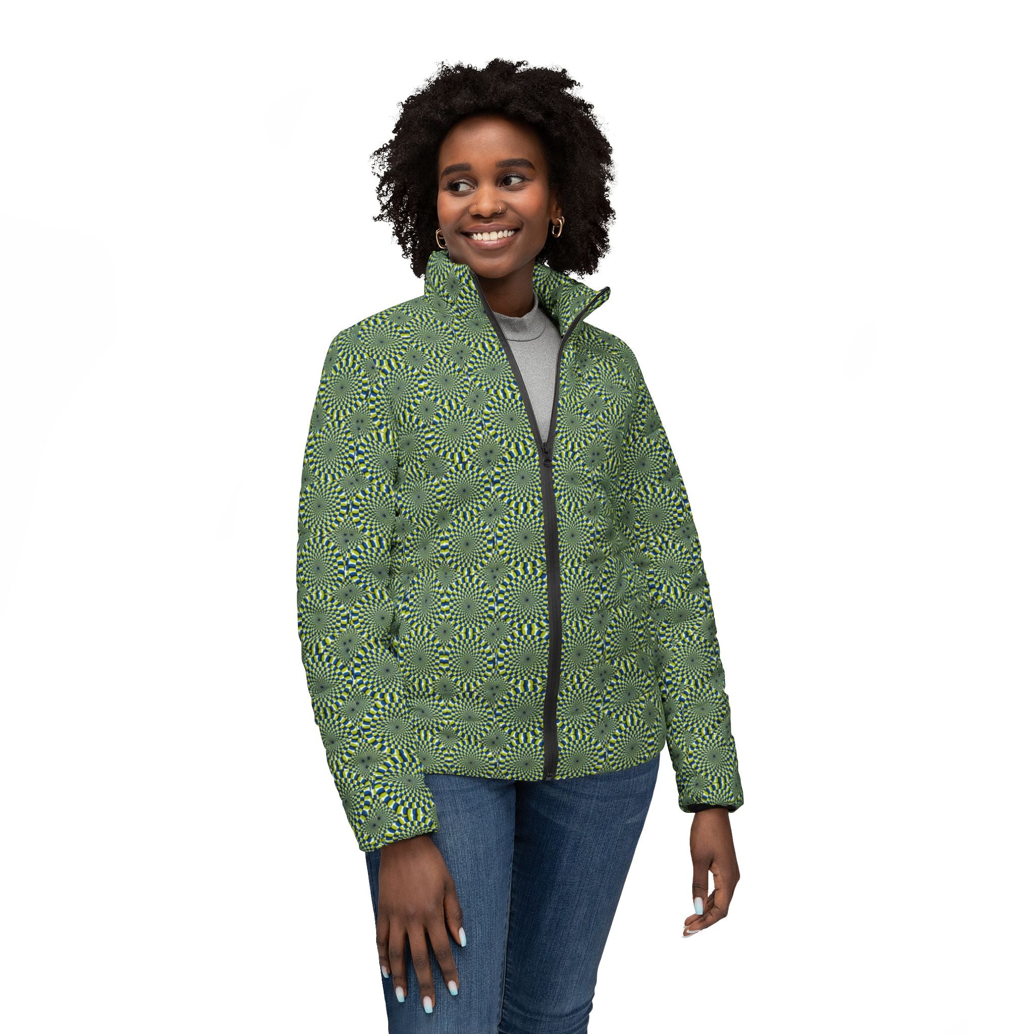 Women’s Puffer Jacket — Olive Green Spiral Floral All-Over Print