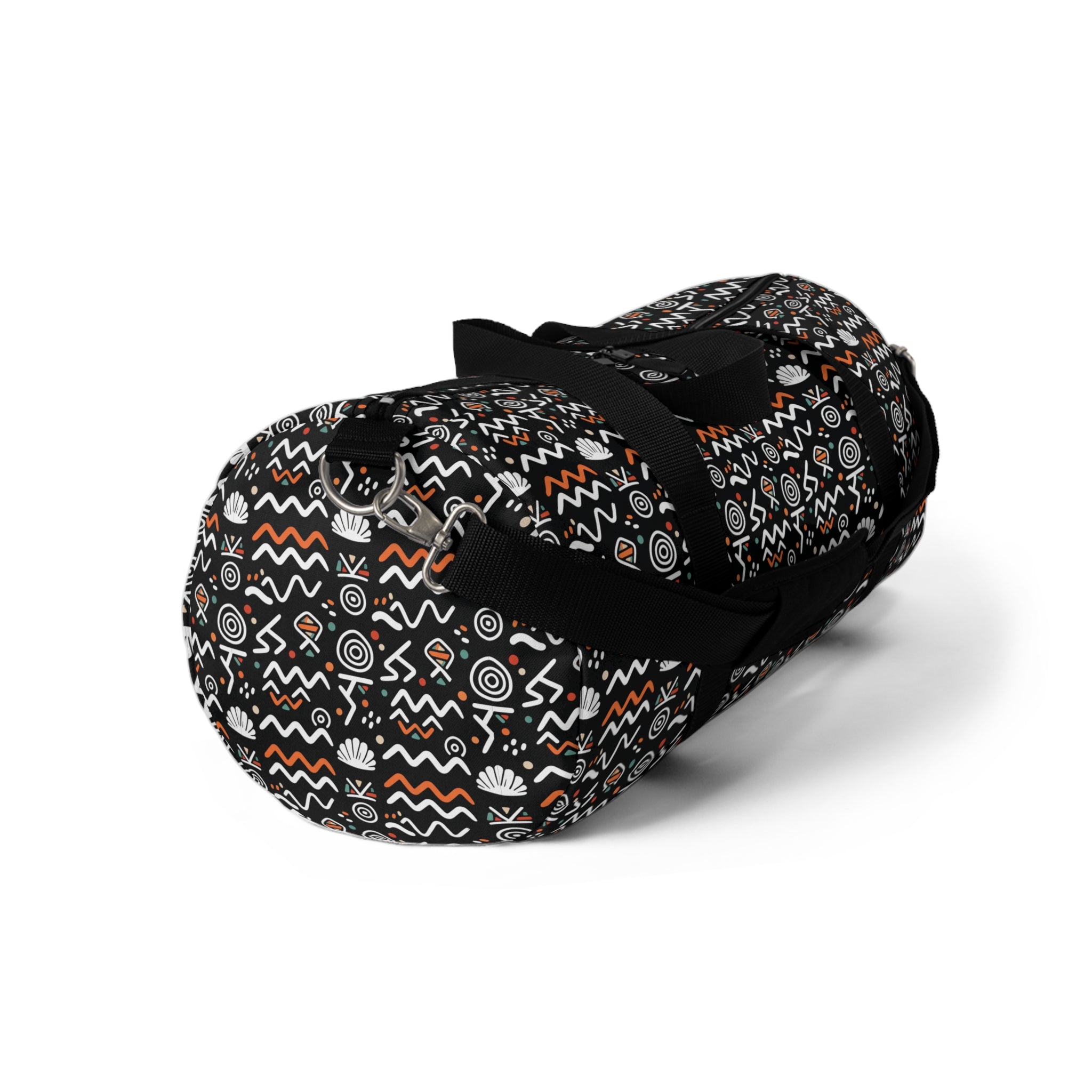 Patterned Tribal Duffel Bag — Black, Orange & White Travel Gym Bag