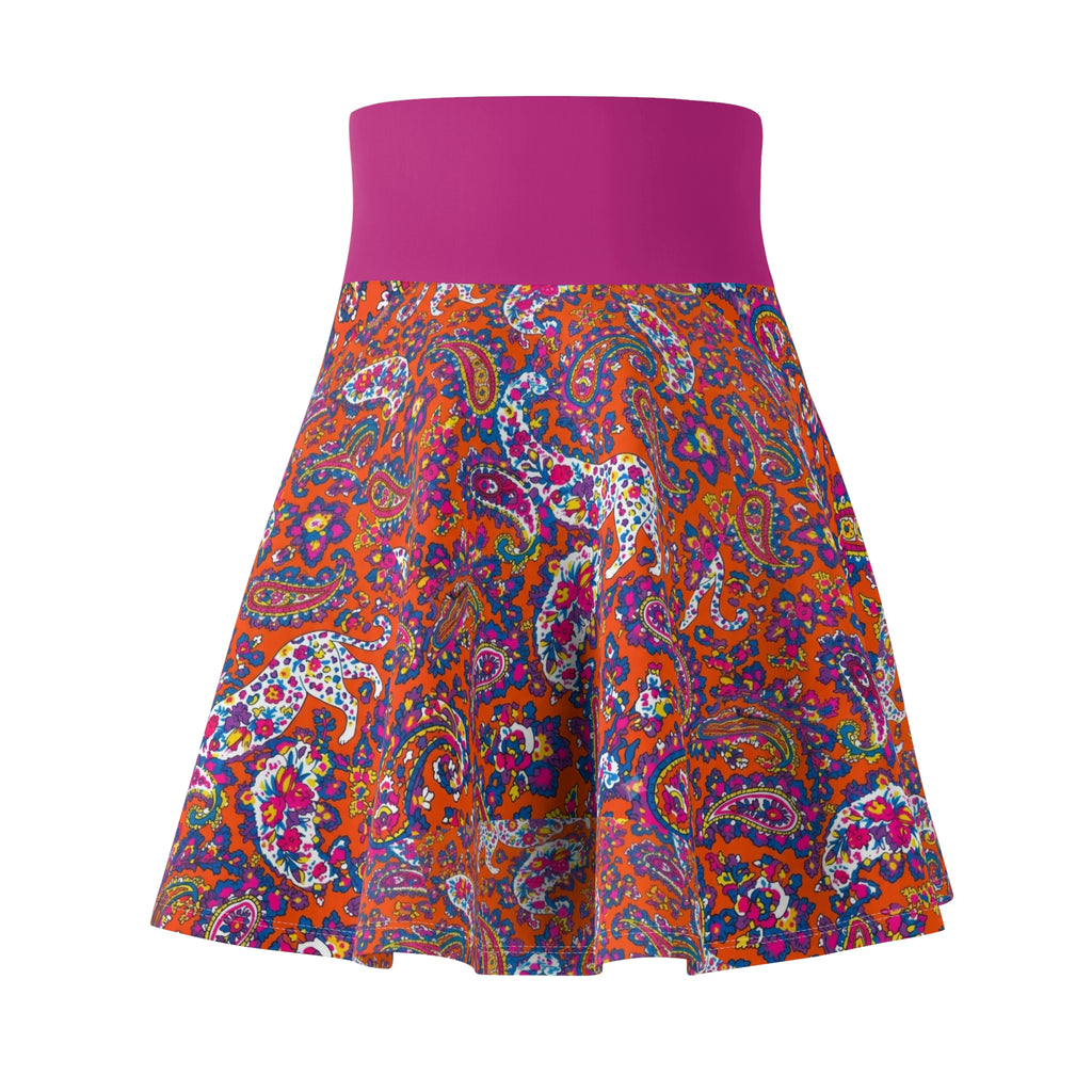 Paisley Floral Skater Skirt — Vibrant Boho Print with Magenta Waistband
