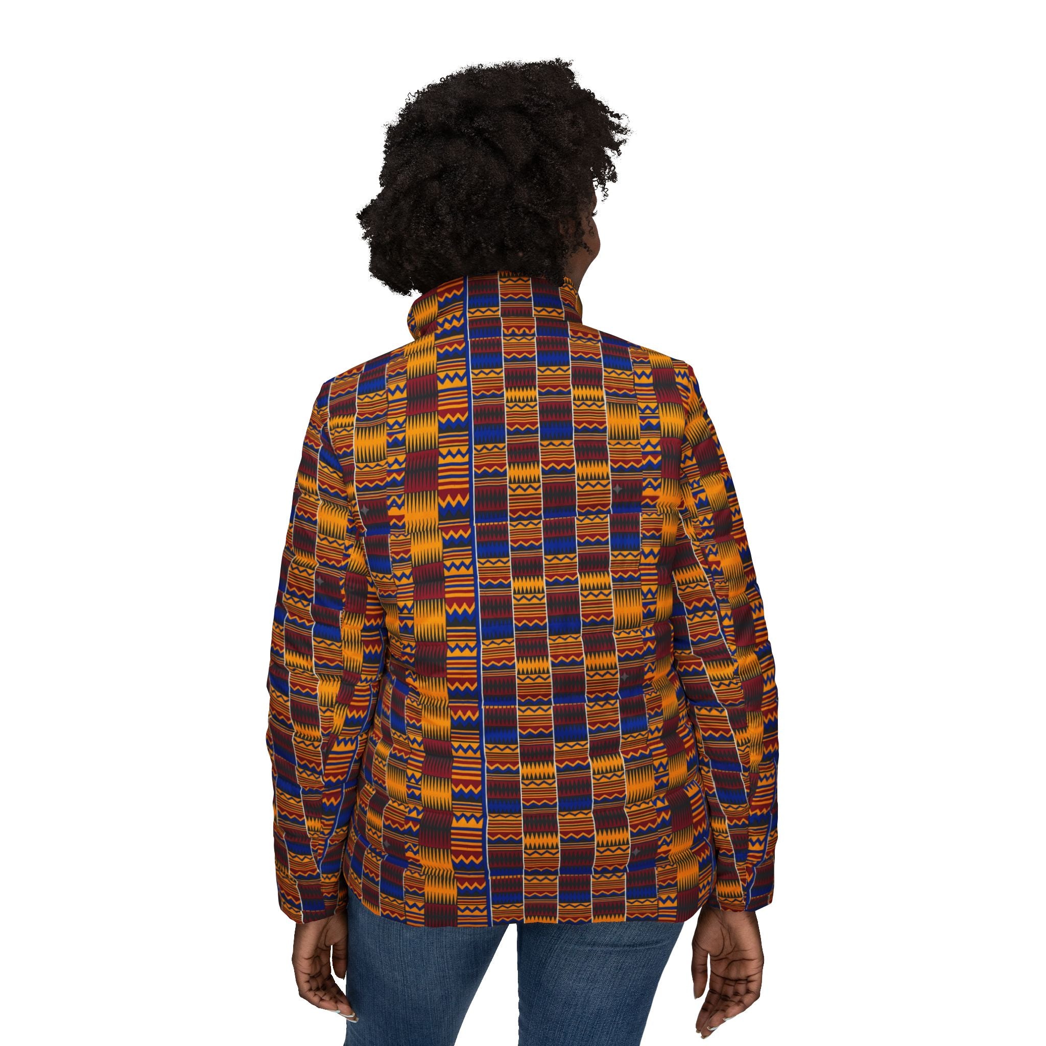 Kente-Inspired Women’s Puffer Jacket — Vibrant Geometric African Print Winter Coat