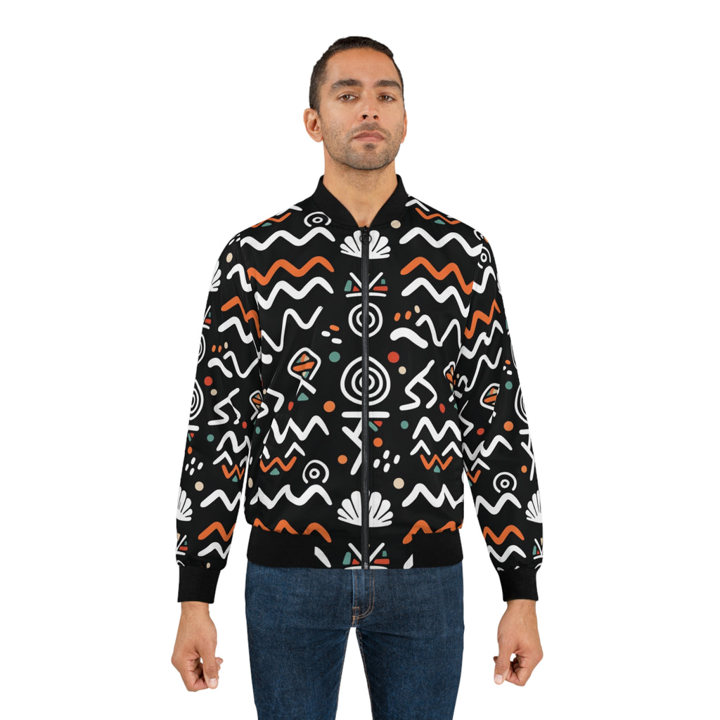 Tribal Wave Bomber Jacket — Black & Orange African Motif AOP