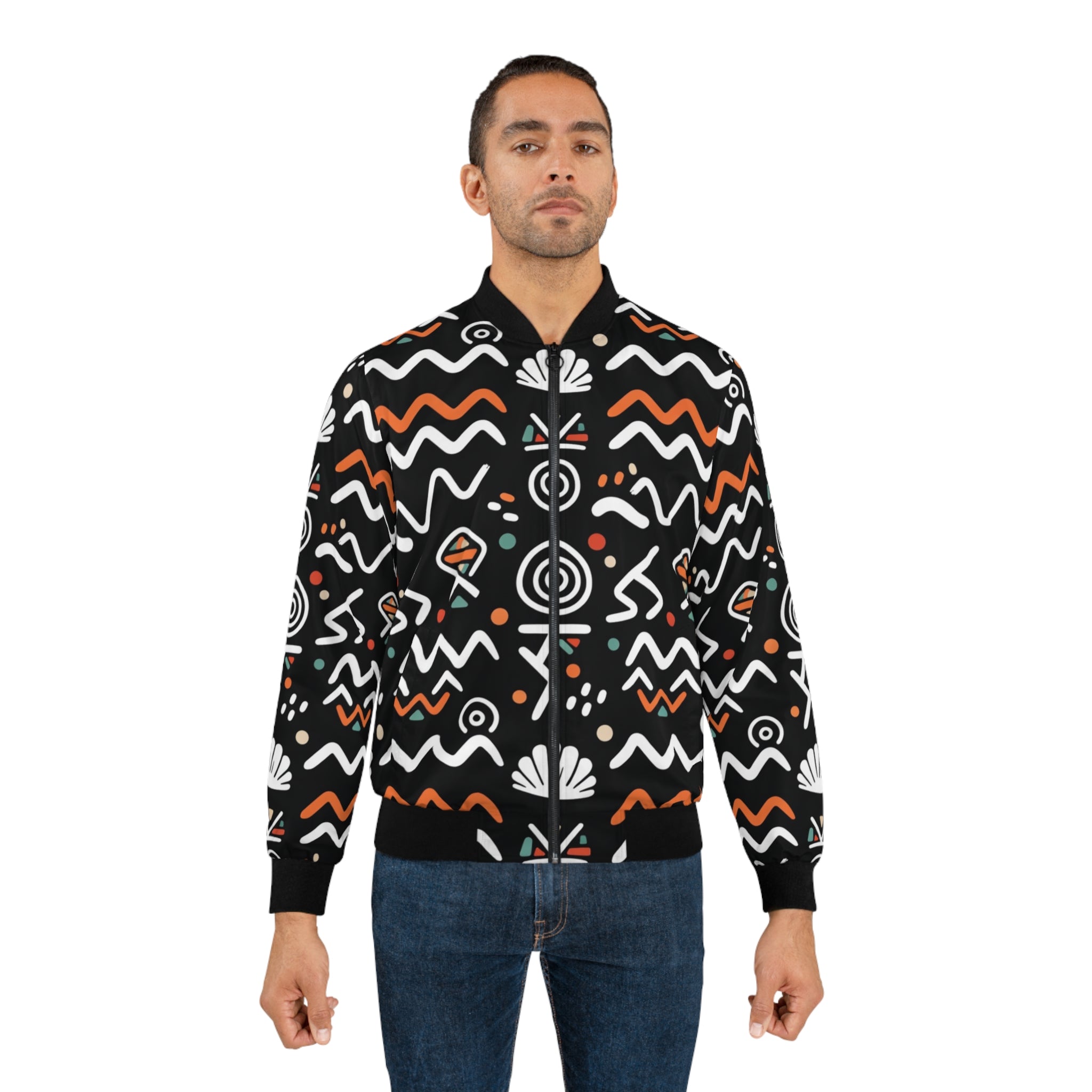 Tribal Wave Bomber Jacket — Black & Orange African Motif AOP
