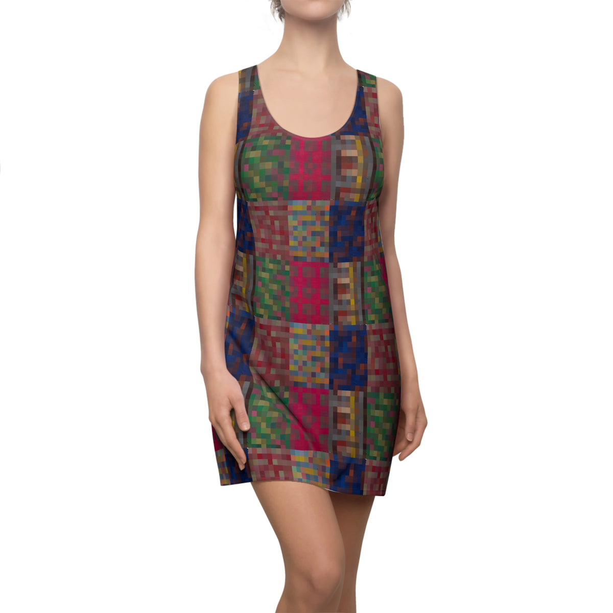 Colorblocked Patchwork Racerback Dress - Vibrant Geometric All-Over Print