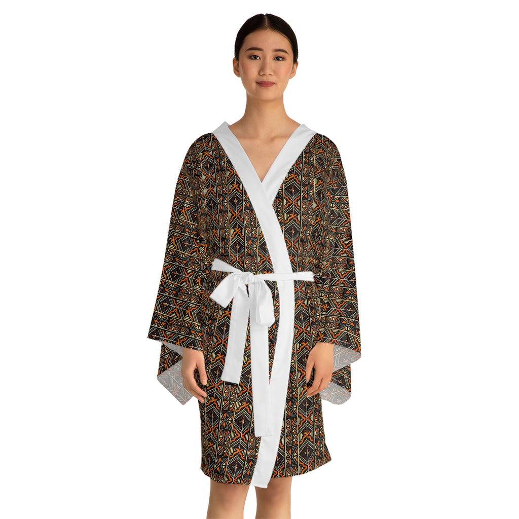 Boho Earthtone Pattern Long Sleeve Kimono Robe