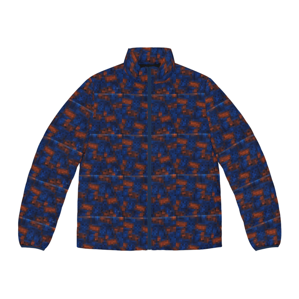 Men's Abstract Blue & Orange Puffer Jacket - All-Over Print Winter Coat