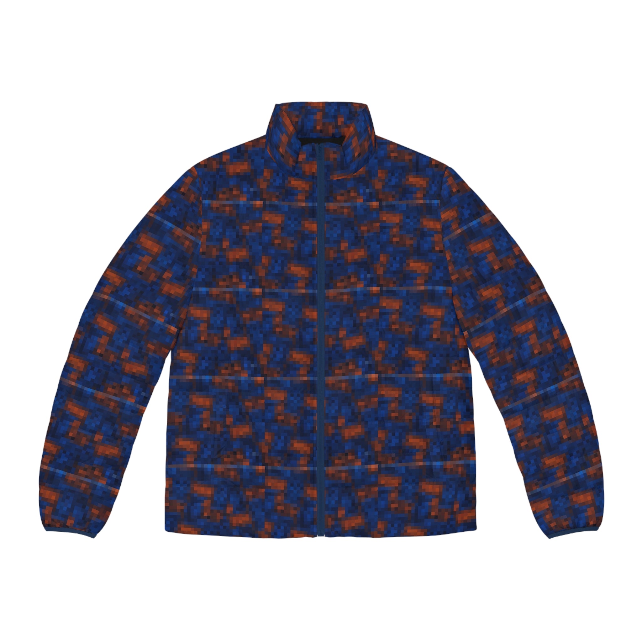 Men's Abstract Blue & Orange Puffer Jacket - All-Over Print Winter Coat