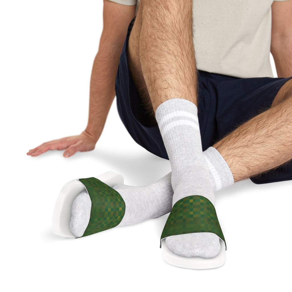 Men's Green Check Slide Sandals — Removable-Strap Casual Pool & Lounge Slides