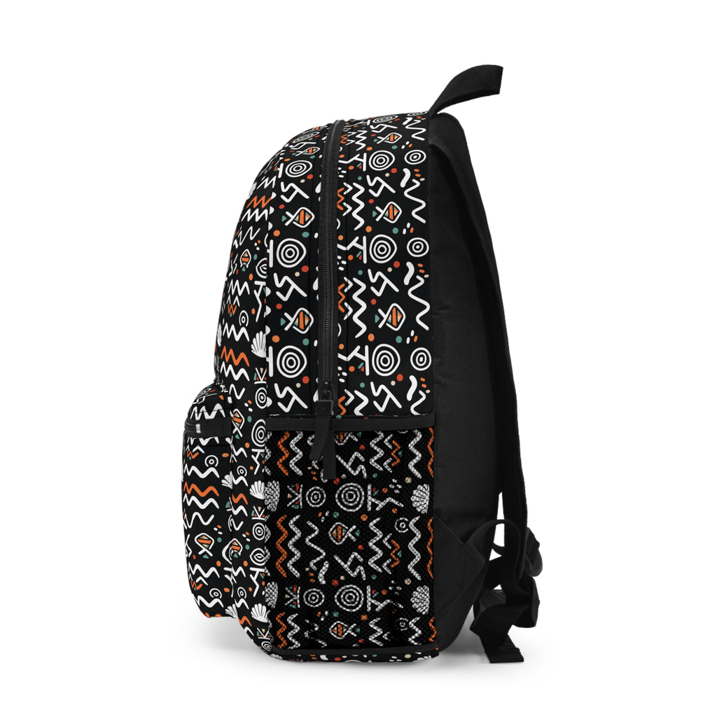 Tribal Geo Print Backpack – Black & Orange Patterned School Bag