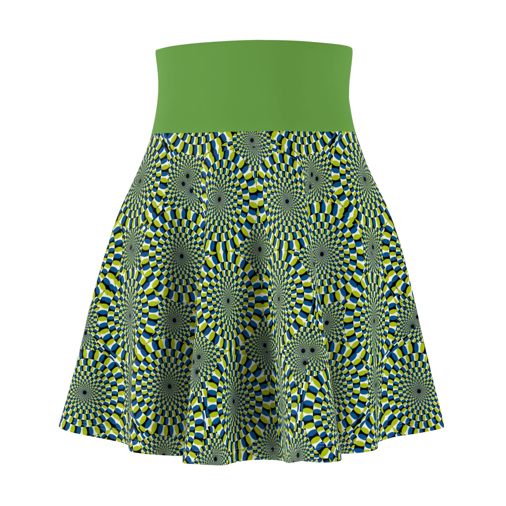 Optical Illusion Skater Skirt — Green Psychedelic Spiral Print