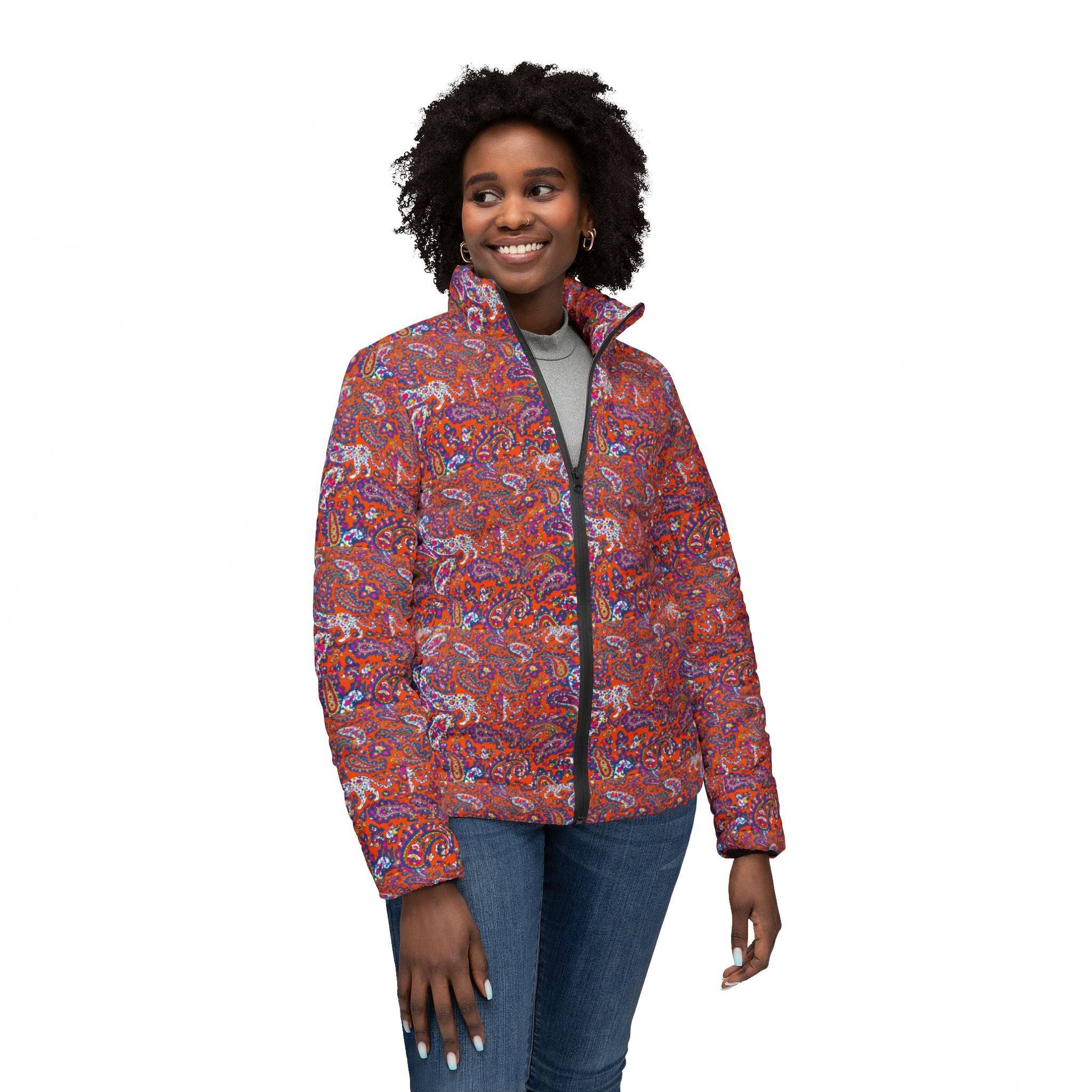 Women’s Puffer Jacket — Autumn Mosaic Pattern Insulated Coat