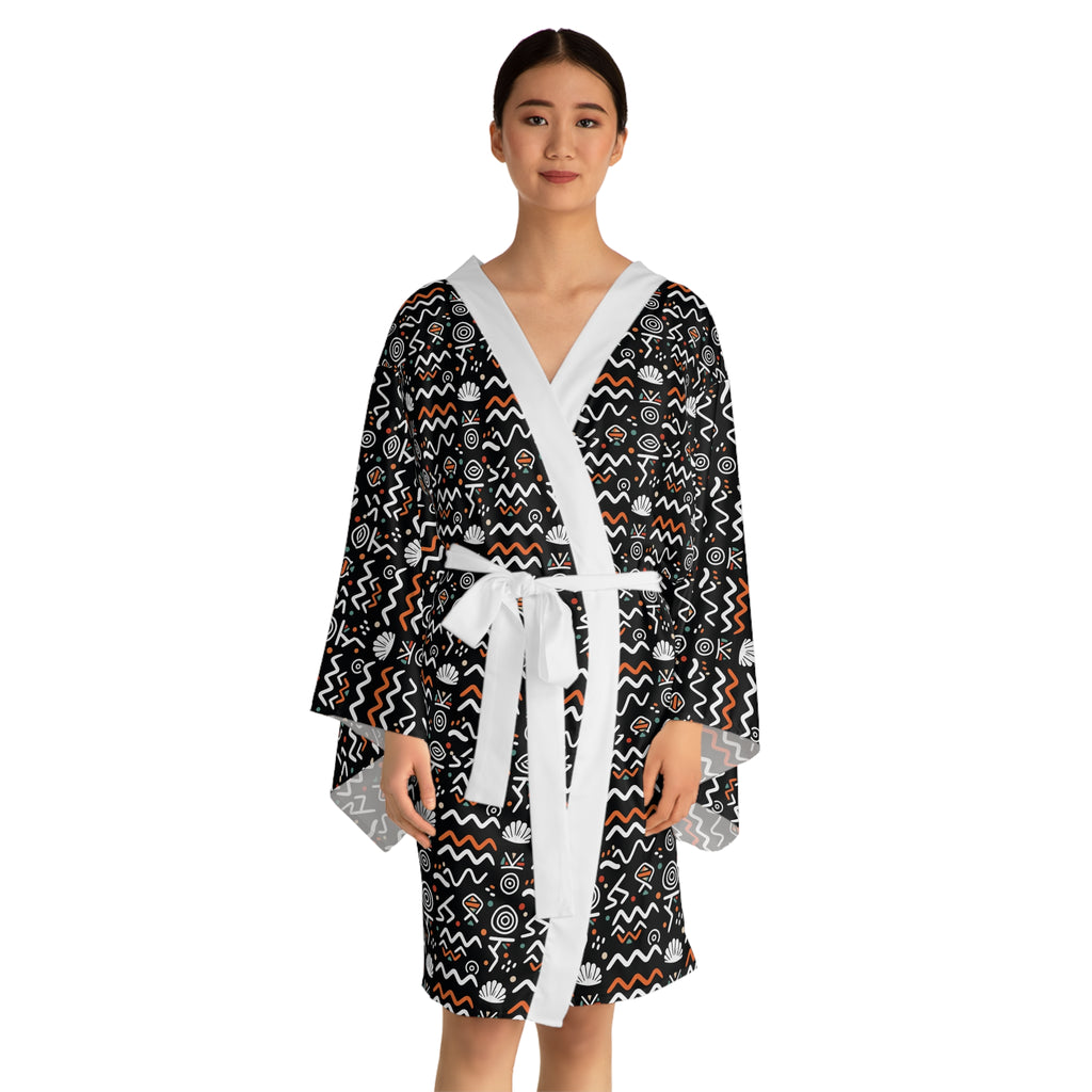 Tribal Pattern Kimono Robe — Black & Orange All-Over Print