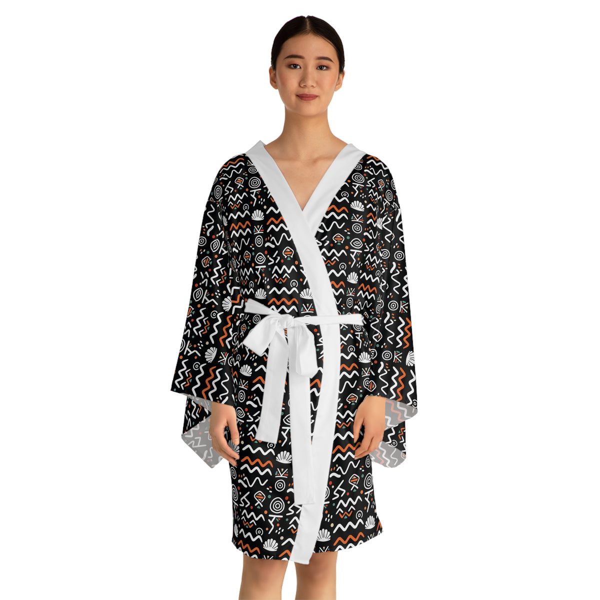 Tribal Pattern Kimono Robe — Black & Orange All-Over Print