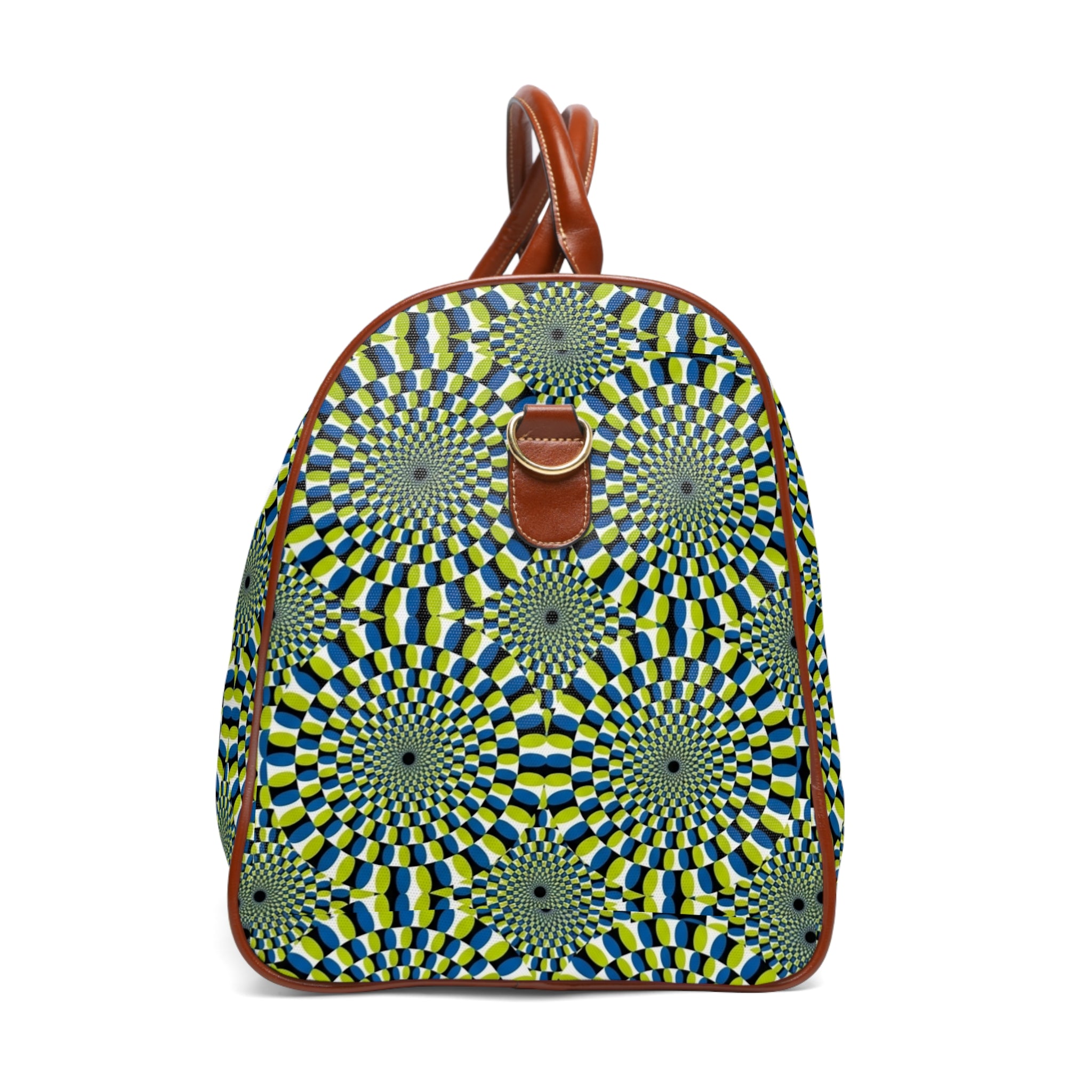 Waterproof Travel Duffle Bag — Green Geometric Optical Pattern, Leather Handles (Weekender)