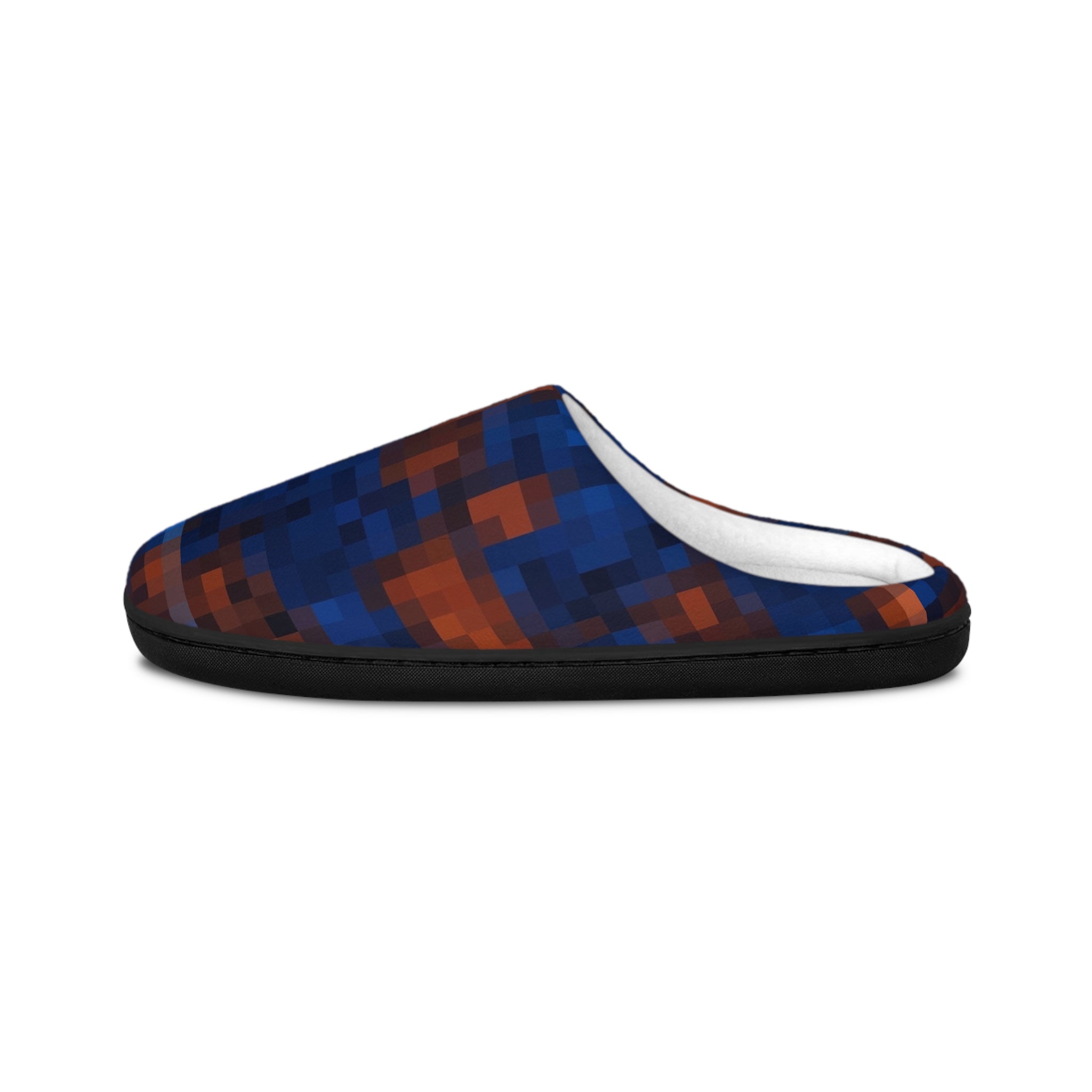 Pixel Plaid Men's Indoor Slippers — Cozy Blue & Rust Check Pattern