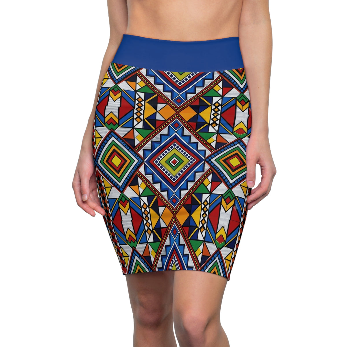 African Geometric Print Pencil Skirt — Bold Colorful Tribal Pattern