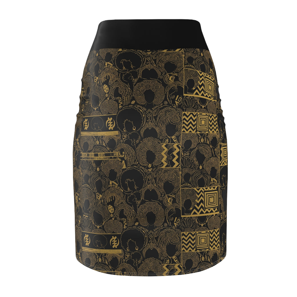 Gold Afro Pattern Pencil Skirt – Vintage Black & Metallic Tribal Print