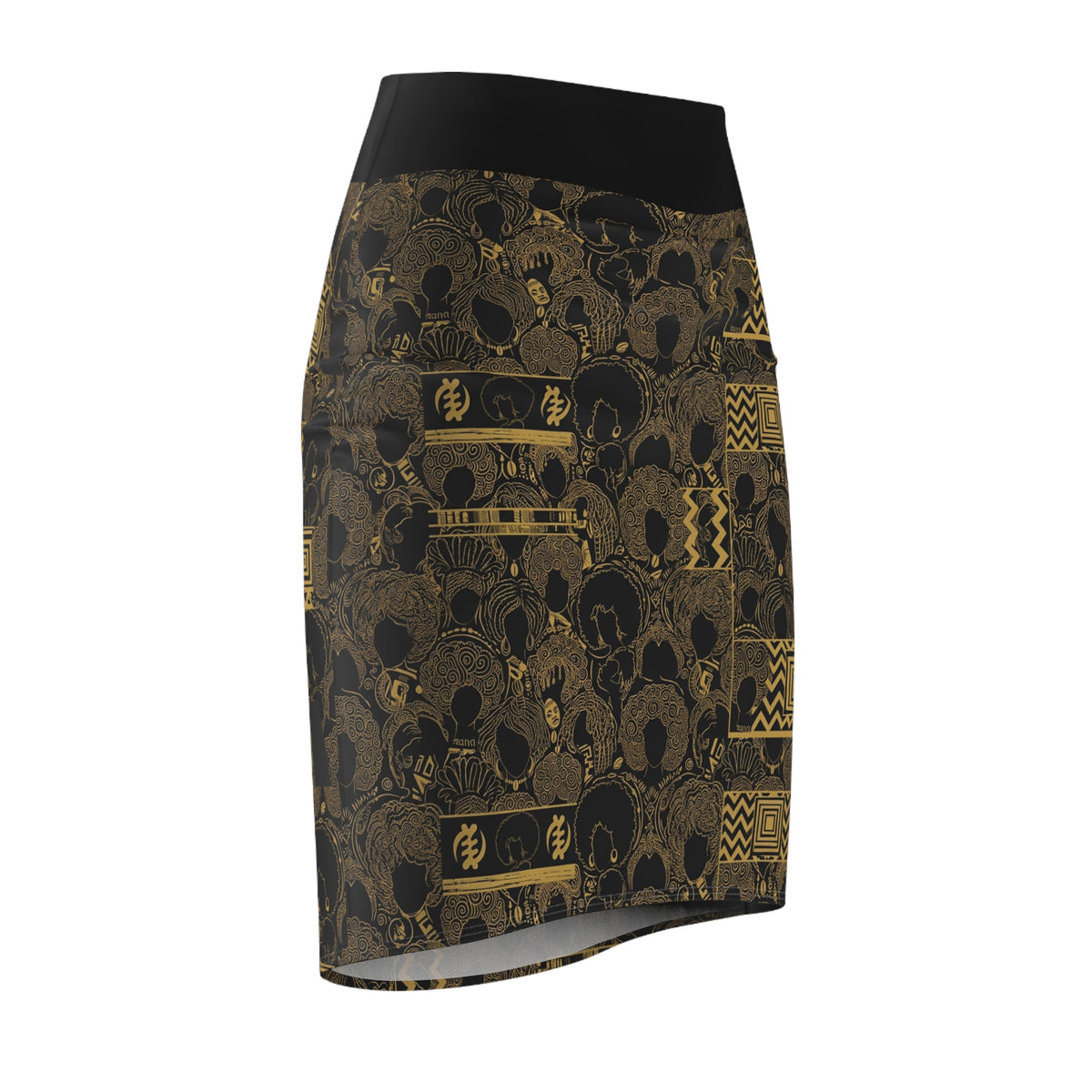 Gold Afro Pattern Pencil Skirt – Vintage Black & Metallic Tribal Print