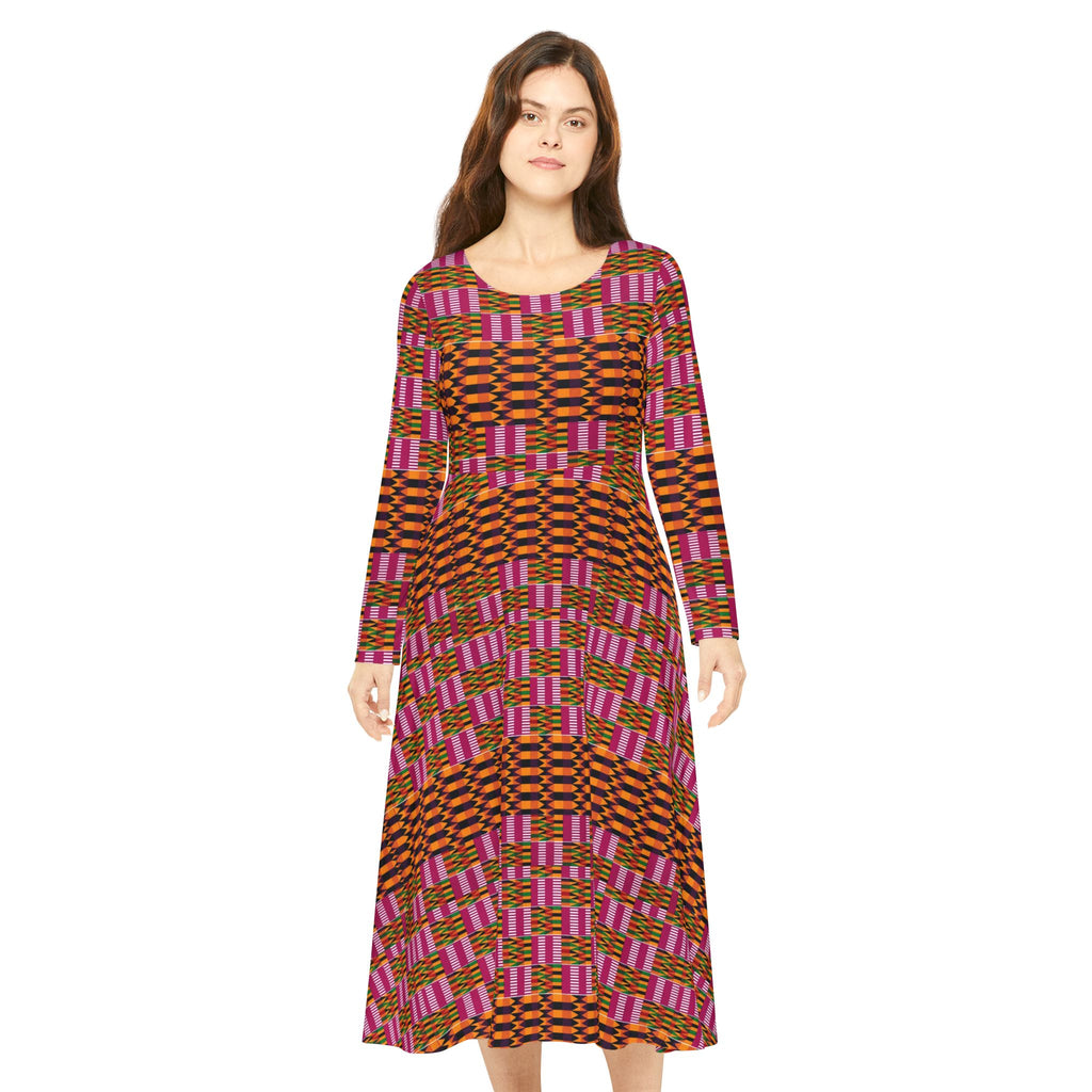 African-Inspired Long Sleeve Dance Dress — Pink & Orange Geometric AOP