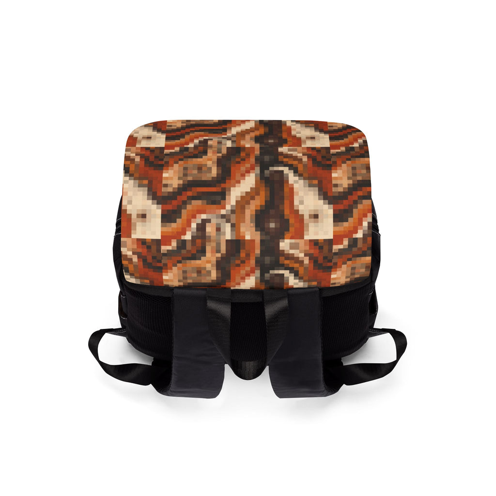 Retro Mosaic Pattern Backpack — Brown Orange Pixelated Flap Shoulder Bag