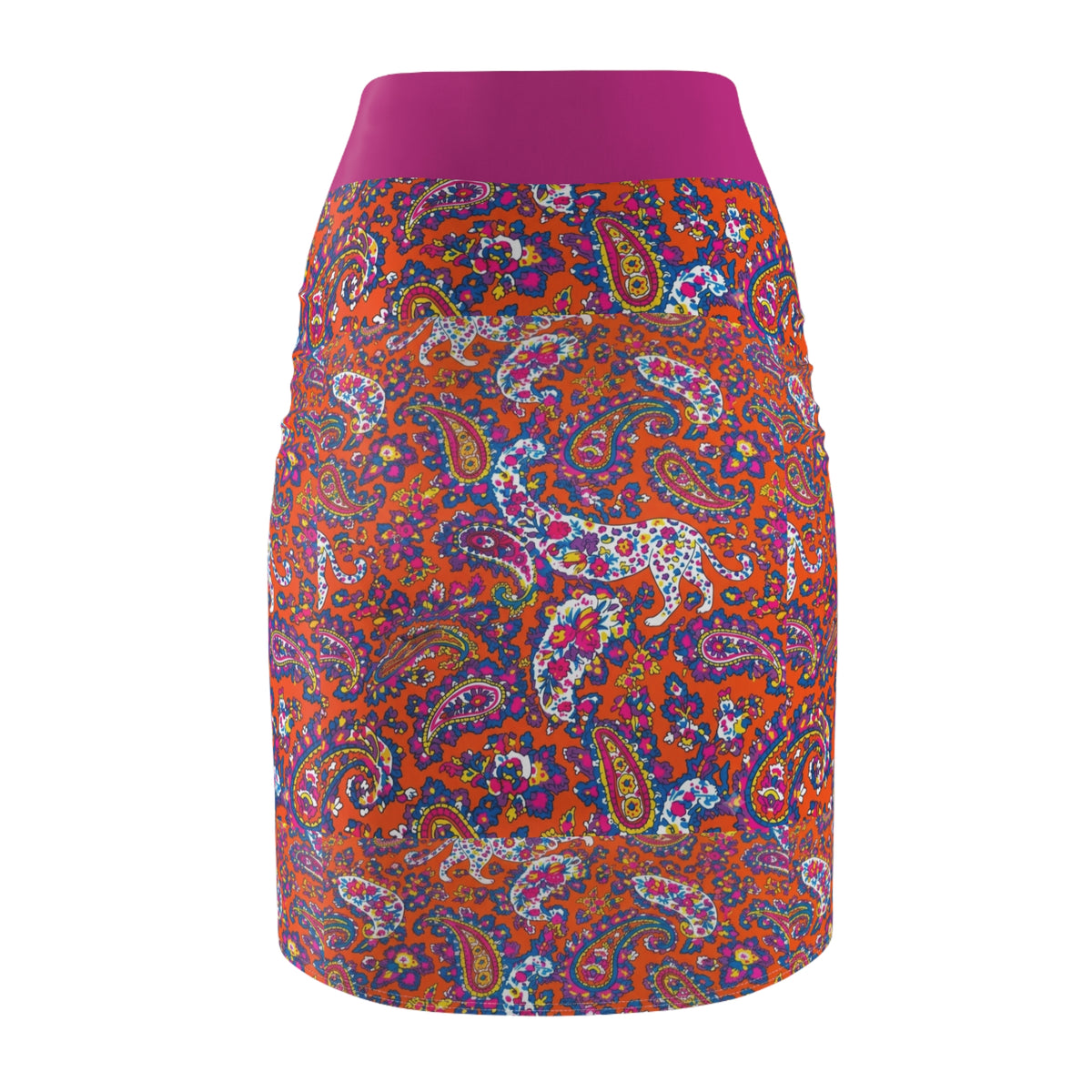 Vibrant Paisley Pencil Skirt — Pink Waistband, Retro Boho Print