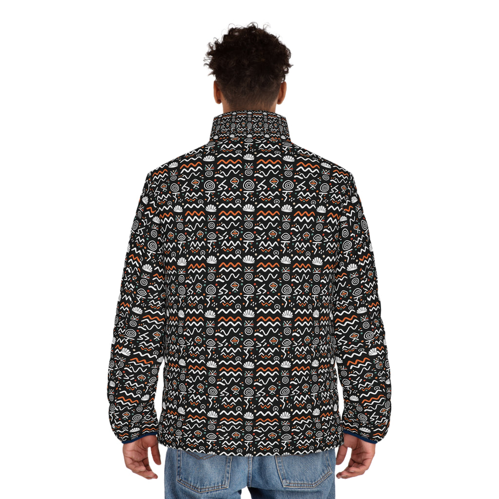 Men's Geometric Pattern Puffer Jacket - All-Over Print Winter Coat