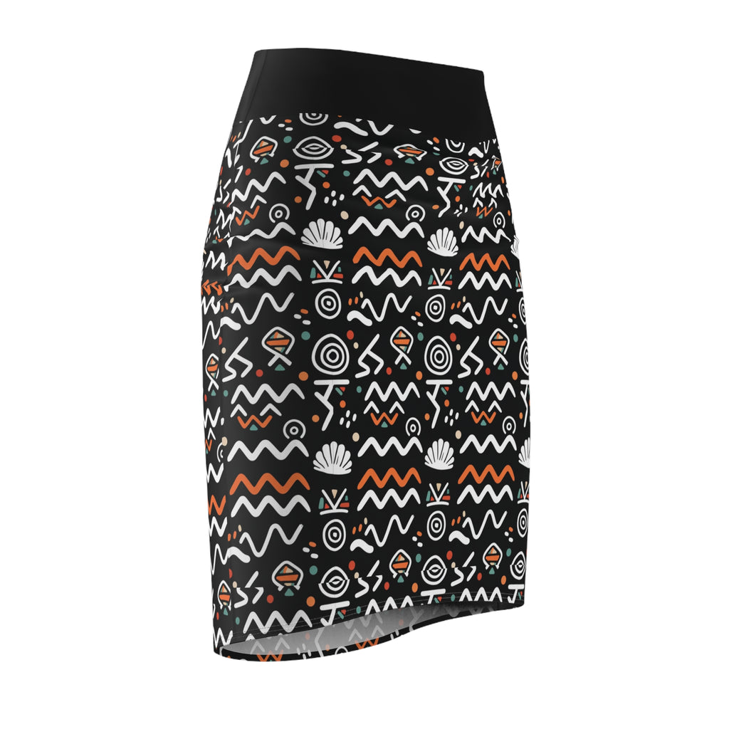 Tribal Waves Pencil Skirt — Black Geometric Patterned Women's Skirt