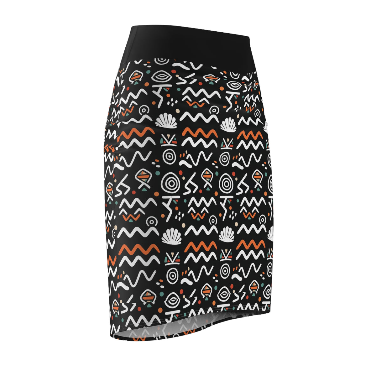Tribal Waves Pencil Skirt — Black Geometric Patterned Women's Skirt
