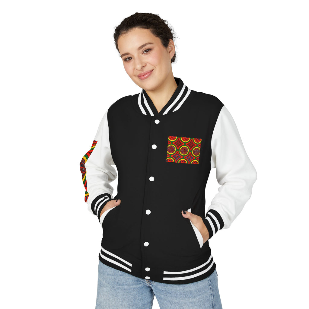 Retro African Wax Print Letterman Jacket - Bold Red & Green Pattern