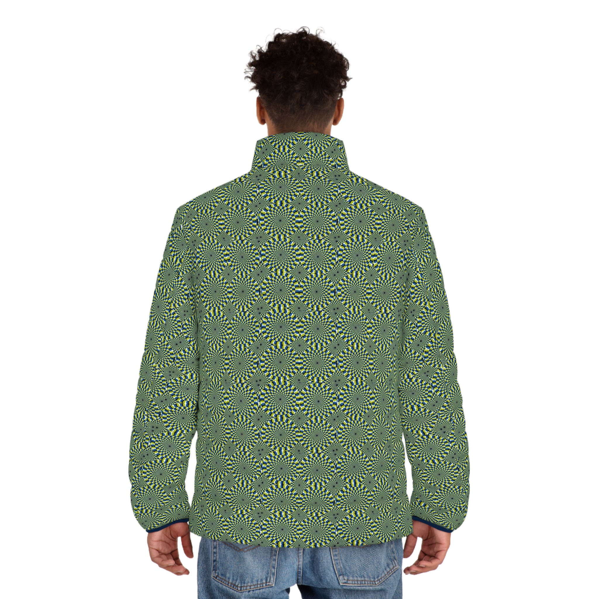 Men's Puffer Jacket — Green Spiral Geometric All-Over Print