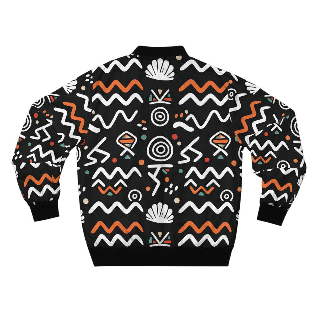 Tribal Wave Bomber Jacket — Black & Orange African Motif AOP