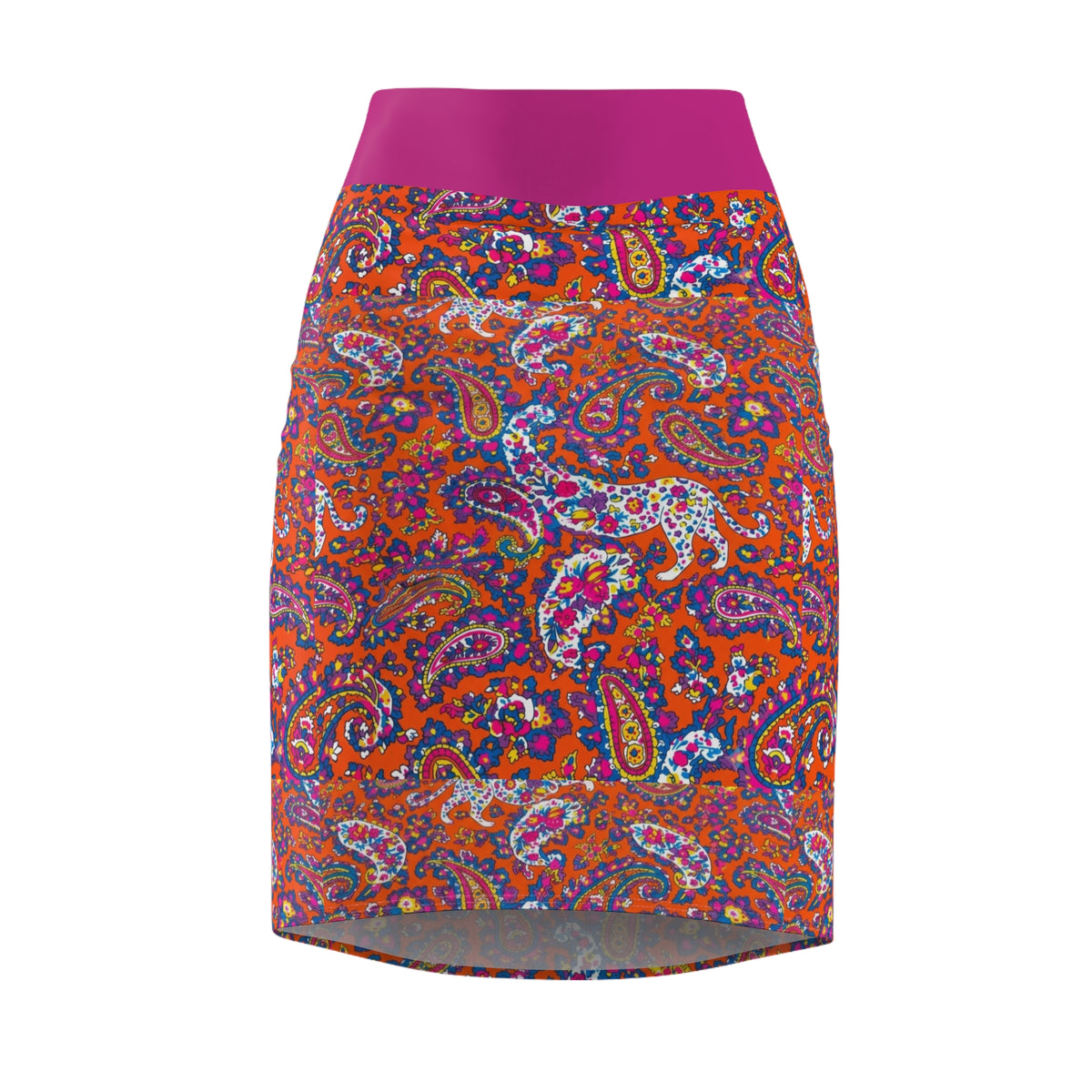 Vibrant Paisley Pencil Skirt — Pink Waistband, Retro Boho Print