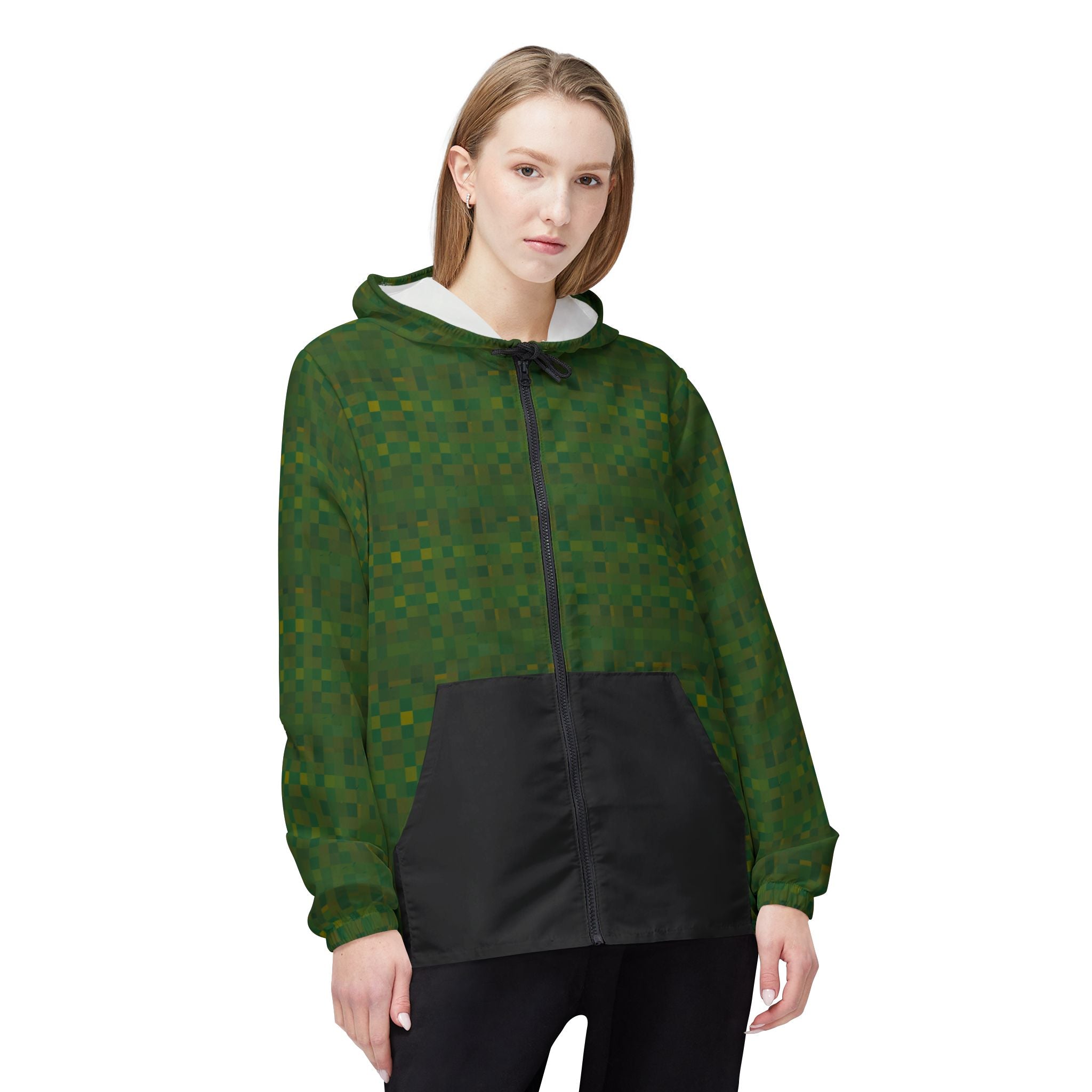 Green Checkered Windbreaker Jacket – Lightweight Hooded Outdoor Shell