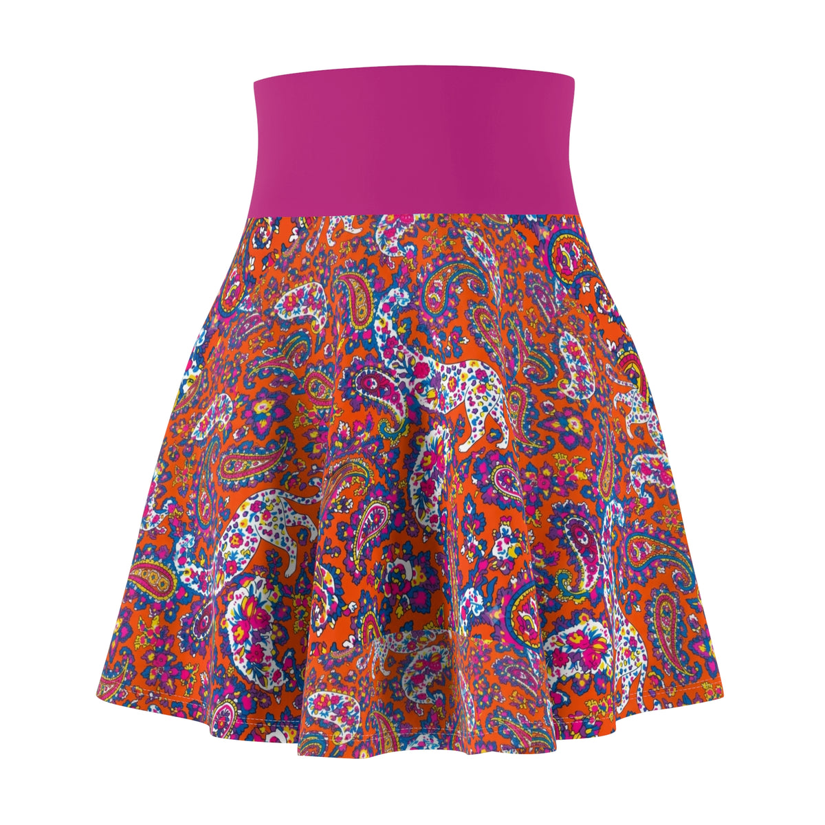 Paisley Floral Skater Skirt — Vibrant Boho Print with Magenta Waistband