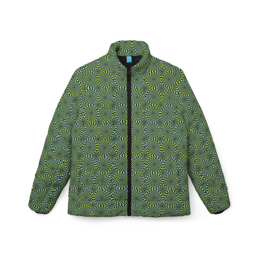 Women’s Puffer Jacket — Olive Green Spiral Floral All-Over Print