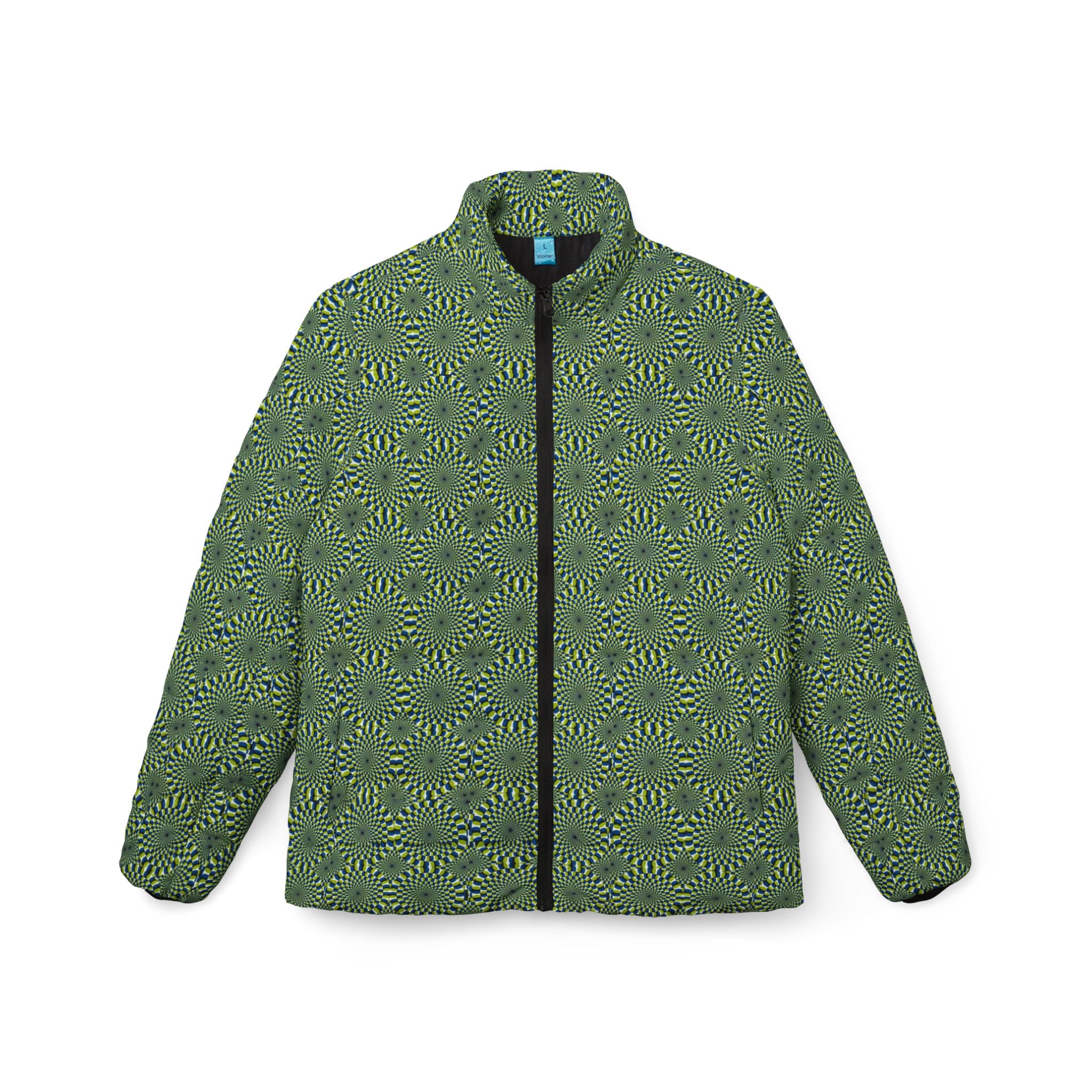 Women’s Puffer Jacket — Olive Green Spiral Floral All-Over Print