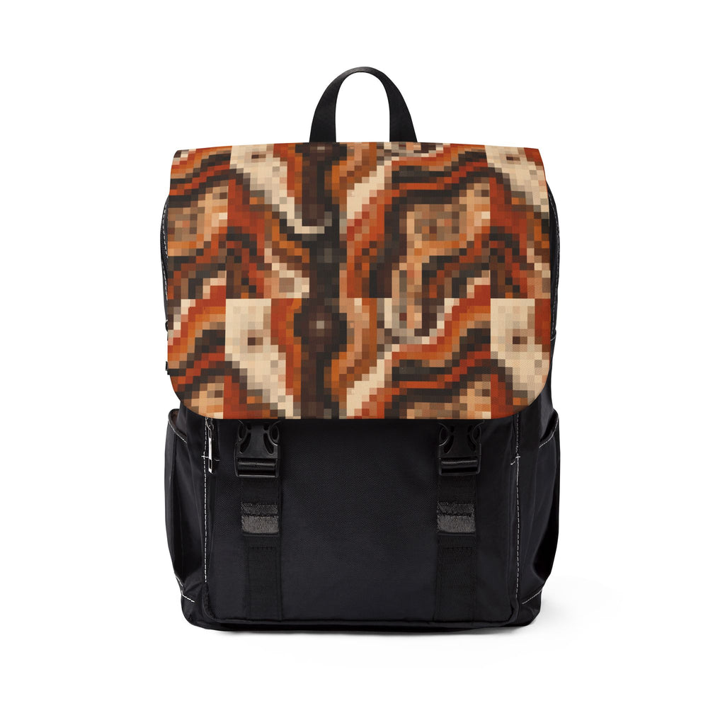 Retro Mosaic Pattern Backpack — Brown Orange Pixelated Flap Shoulder Bag
