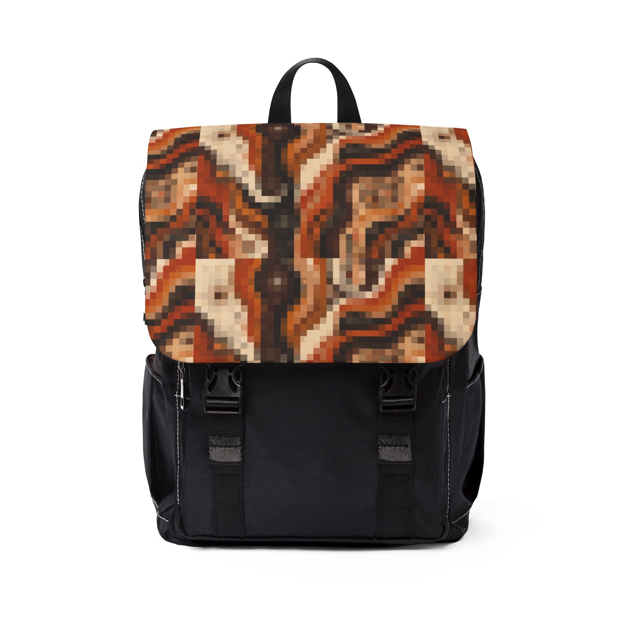 Retro Mosaic Pattern Backpack — Brown Orange Pixelated Flap Shoulder Bag