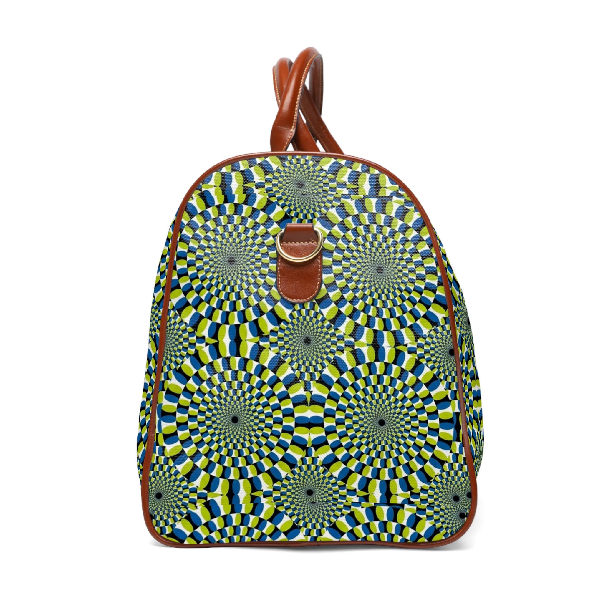 Waterproof Travel Duffle Bag — Green Geometric Optical Pattern, Leather Handles (Weekender)
